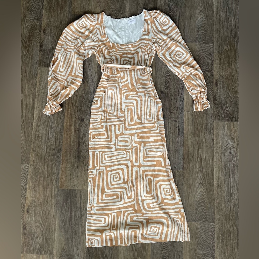 Girl and the Sun Geo Print Puff Sleeve Belted Midi Dress S Linen boho coastal